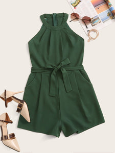 Solid Self Tie Zip Back Halter Playsuit