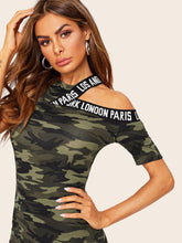 Load image into Gallery viewer, Asymmetrical Shoulder Letter Tape Camo Dress