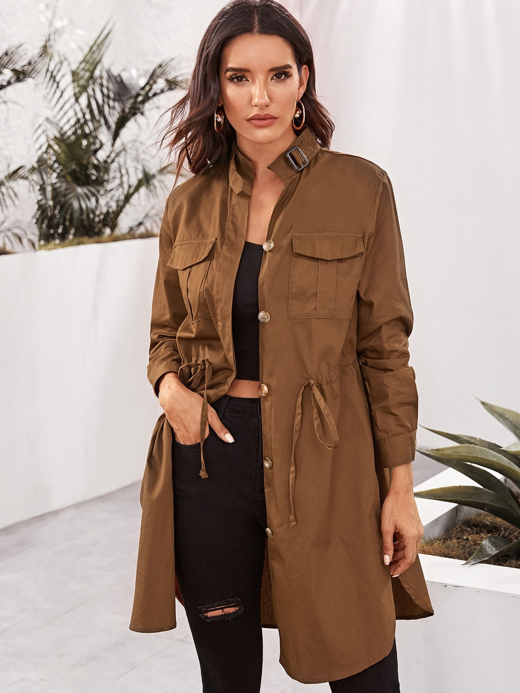 Button Front Drawstring Waist Pocket Patch Coat