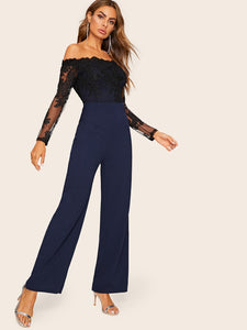 Embroidered Mesh Bodice Wide Leg Bardot Jumpsuit