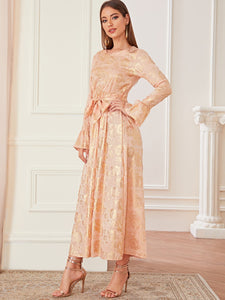 Bell Sleeve Tie Waist Jacquard Longline Dress