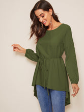 Load image into Gallery viewer, High Low Bishop Sleeve Drop Shoulder Belted Blouse