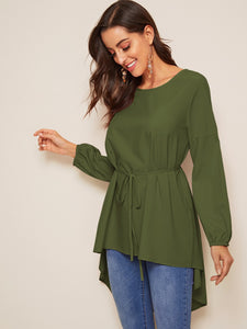 High Low Bishop Sleeve Drop Shoulder Belted Blouse