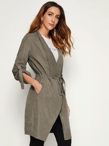 Solid Drawstring Waist Roll-up Sleeve Trench Coat