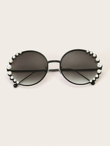 Faux Pearl Decor Round Frame Sunglasses