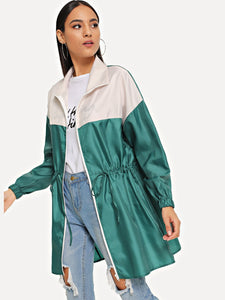 Zip Up Drawstring Color Block Rain Coat