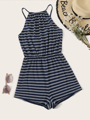 Blouson Waist Striped Halter Romper