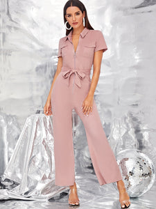 Flap Pocket Front O-ring Zip Up Belted Jumpsuit