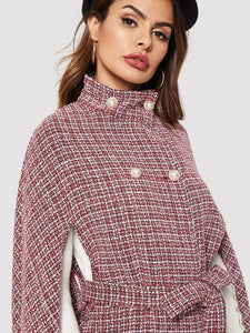 Double Breasted Front Tie Waist Tweed Cape Coat