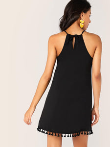 Solid Tassel Hem Tie Back Halter Dress