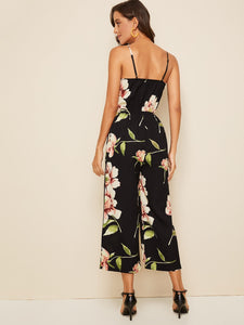 Surplice Neck Wide Leg Floral Print Slip Jumpsuit