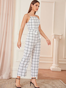 Grid Print Belted Cami Jumpsuit