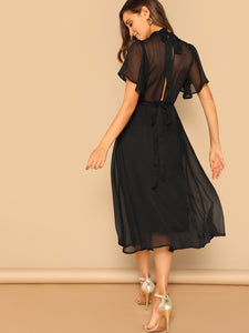 Mock-neck Knot Back Sheer Panel Dress