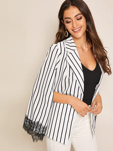 Notch Neck Eyelash Lace Trim Striped Cape Blazer