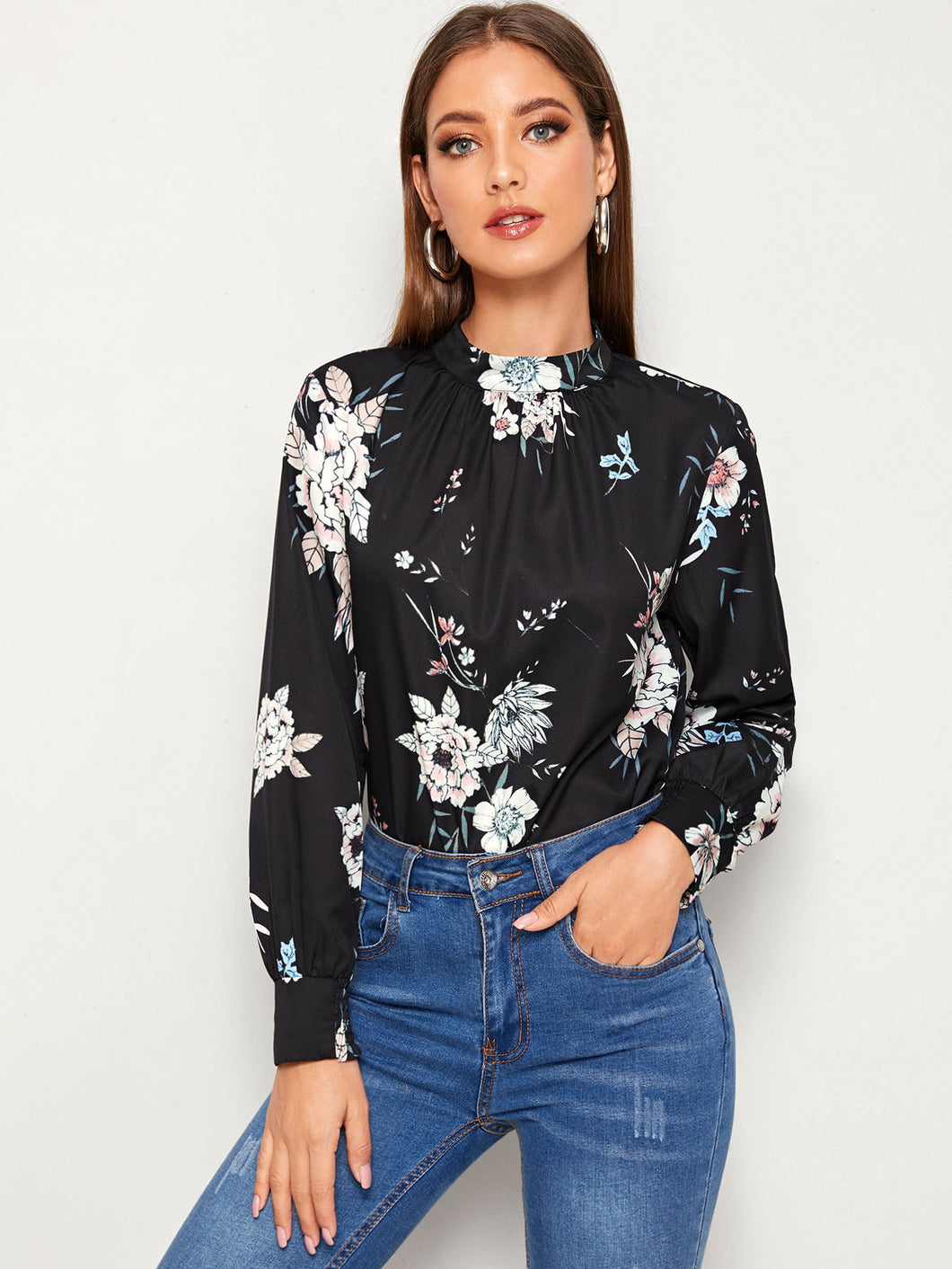 Mock-neck Floral Print Keyhole Back Blouse