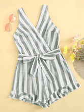 Load image into Gallery viewer, Surplice Neck Ruffle Hem Belted Striped Romper