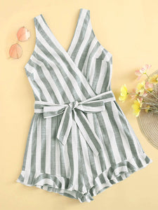 Surplice Neck Ruffle Hem Belted Striped Romper