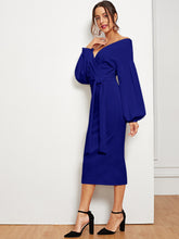 Load image into Gallery viewer, Blouson Sleeve Slit Hem Surplice Bardot Dress