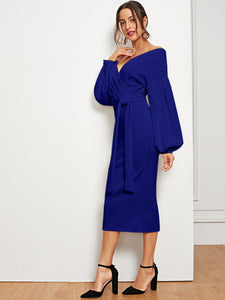 Blouson Sleeve Slit Hem Surplice Bardot Dress