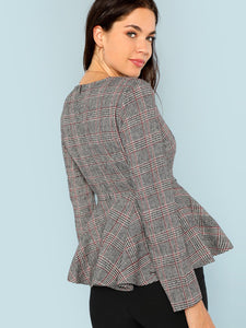 Double Button V-Neck Plaid Blazer