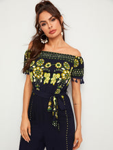 Load image into Gallery viewer, Floral Print Tassel Trim Belted Bardot Jumpsuit