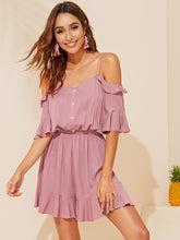 Load image into Gallery viewer, Cold Shoulder Half Placket Ruffle Romper