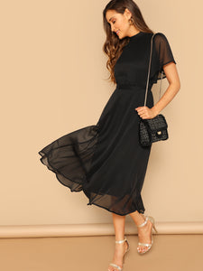 Mock-neck Knot Back Sheer Panel Dress