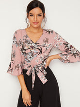 Load image into Gallery viewer, Colorblock Tie Front Ruffle Sleeve Floral Jumpsuit