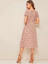 Load image into Gallery viewer, 70s Ditsy Floral Tie Neck Ruffle Trim Dress