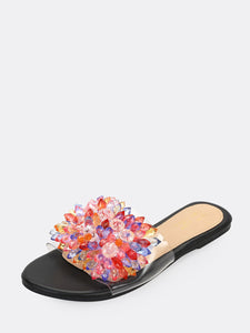 Jeweled Open Toe Band Flat Slide Sandals