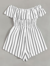 Load image into Gallery viewer, Off Shoulder Flounce Trim Striped Romper