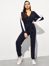 Load image into Gallery viewer, Surplice Neck Self Belted Colorblock Jumpsuit