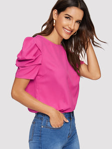 Button Keyhole Back Puff Sleeve Top