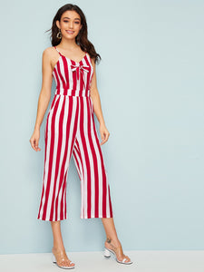 Bow Front Wide Leg Striped Cami Jumpsuit