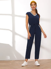 Load image into Gallery viewer, Contrast Striped Trim Drawstring Waist Jumpsuit