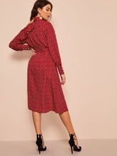 Load image into Gallery viewer, Asymmetrical Neck Ruffle Trim Polka Dot Belted Dress