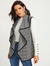 Load image into Gallery viewer, Plaid Waterfall Collar Contrast Binding Coat