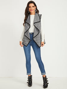 Plaid Waterfall Collar Contrast Binding Coat