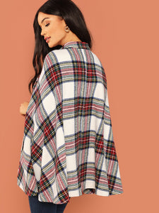 Button Front Plaid Print Cape Coat