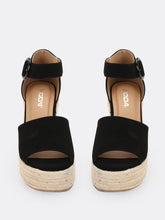 Load image into Gallery viewer, Wide Band Side Buckle Jute Trim Platform Wedges