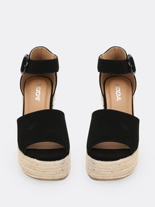 Wide Band Side Buckle Jute Trim Platform Wedges