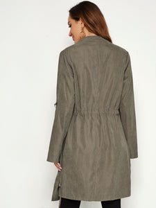 Solid Drawstring Waist Roll-up Sleeve Trench Coat