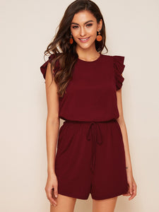 Drawstring Waist Split Back Ruffle Armhole Romper