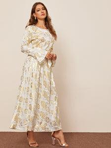 Bell Sleeve Tie Waist Jacquard Longline Dress