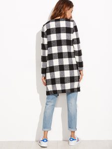 Checkered Open Front Collarless Coat