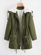 Load image into Gallery viewer, Fleece Lined Pocket Front Drawstring Parka Coat