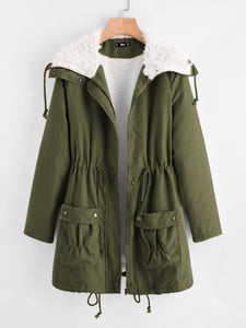 Fleece Lined Pocket Front Drawstring Parka Coat