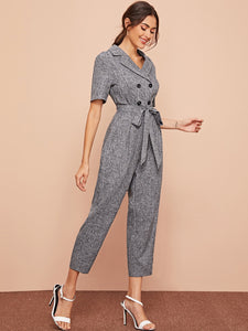 Notched Collar Buttoned Belted Jumpsuit