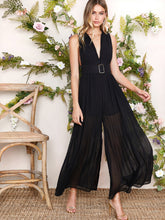 Load image into Gallery viewer, Backless Plunging Neck Buckle Waist Pleated Wide Leg Jumpsuit