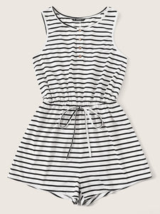 Button Half Placket Tie Front Striped Romper